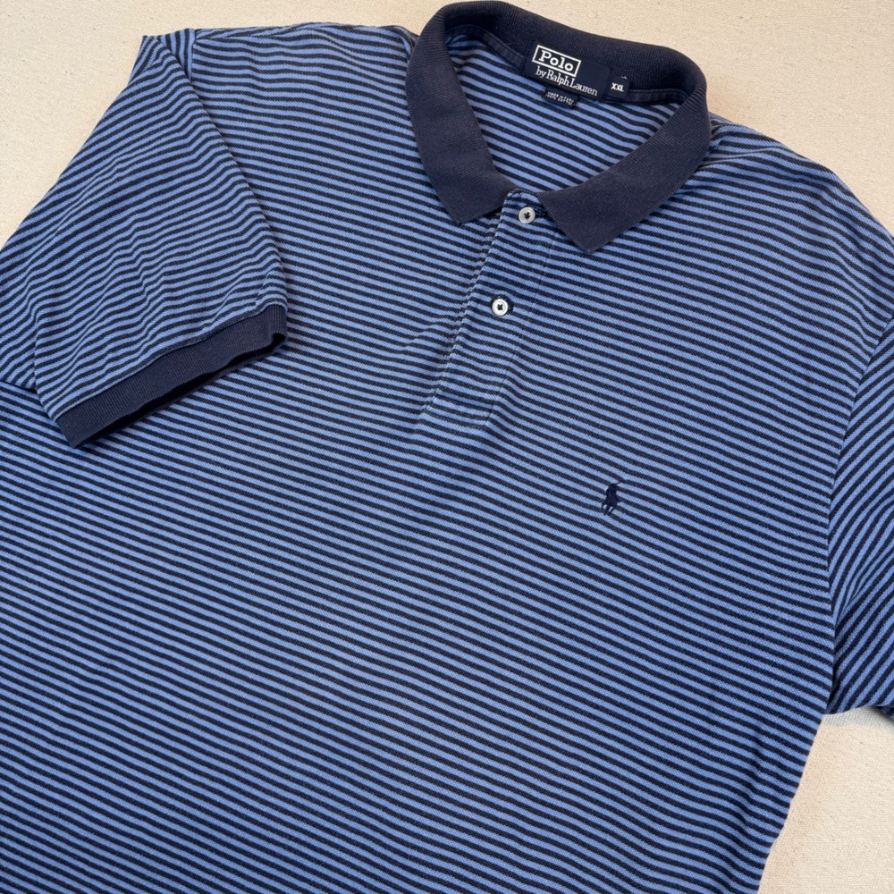 Polo Ralph Lauren XXL Polo Shirt Men Blue Striped Short Sleeve Cotton Pony Logo